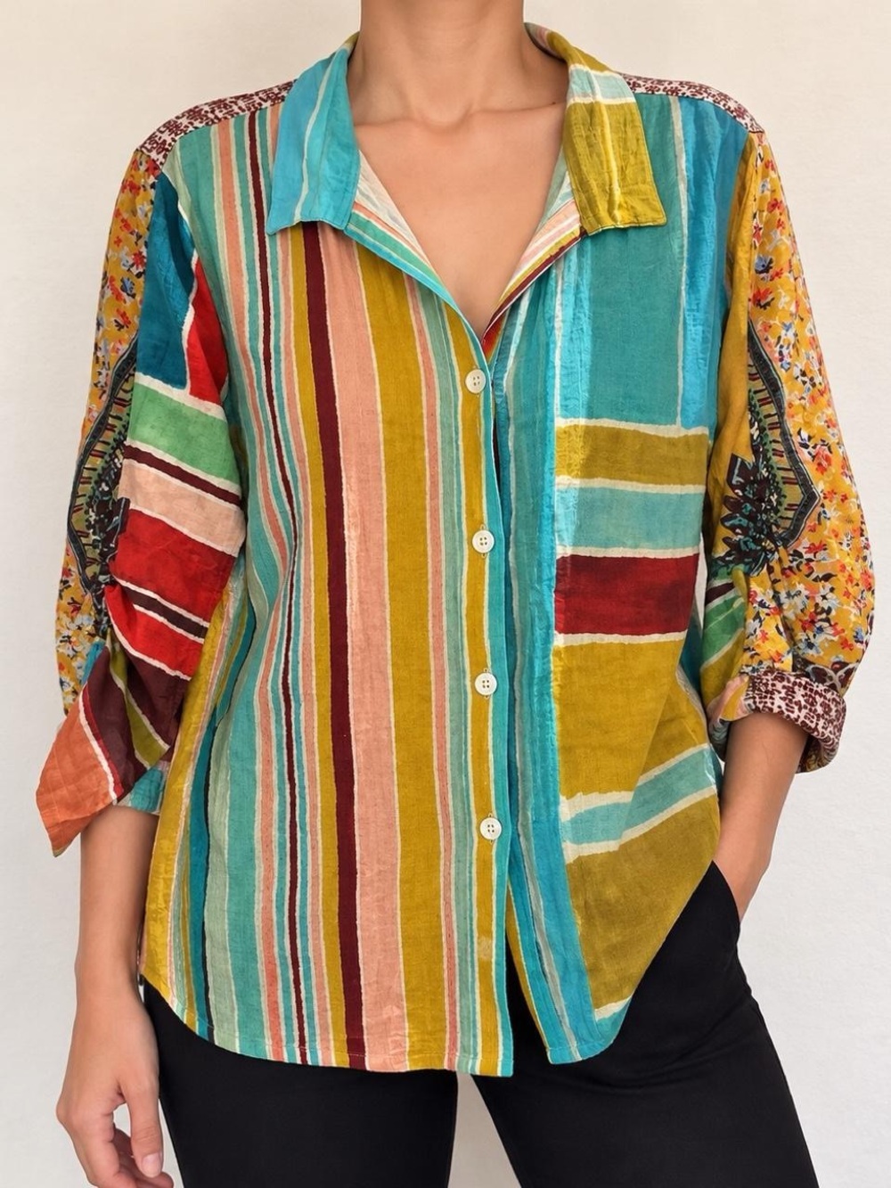 John Mark Boho Hippie Lagenlook Cottagecore Baggy Loose Button Shirt Top Blouse